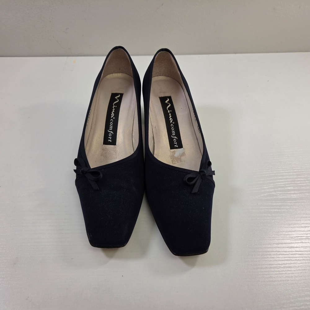 Nina Comfort Navy Blue Square Toe Bow Block Heel Pumps Made in Spain 6.5M - Picture 8 of 9